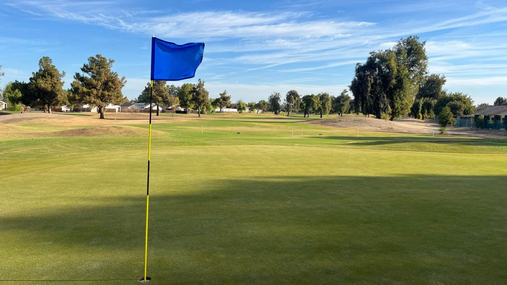 Blue flag on a putting green overlooking open fairways and trees at Lemoore Golf Course in Lemoore, CA.