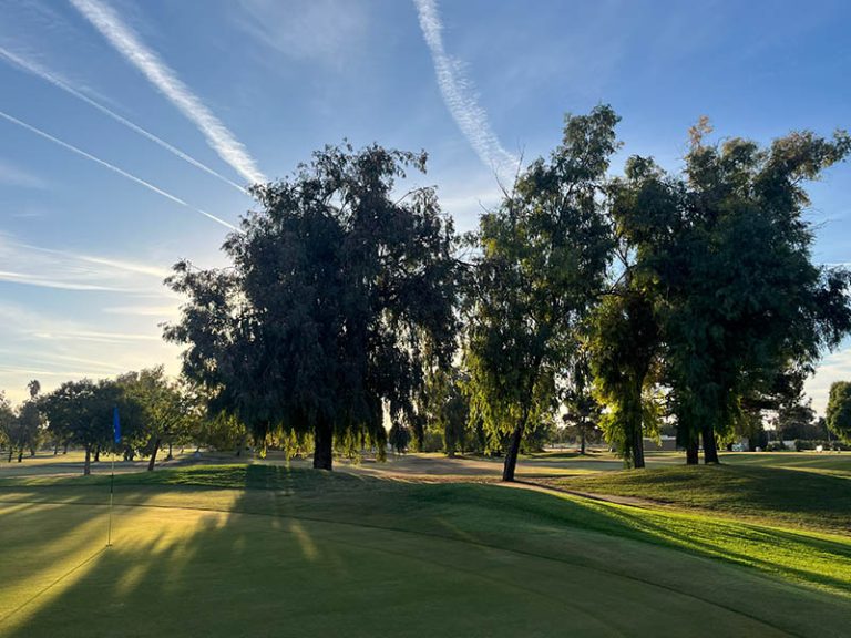 Tree-lined putting green at Lemoore Golf Course with blue flag, long shadows, and evening sunlight.