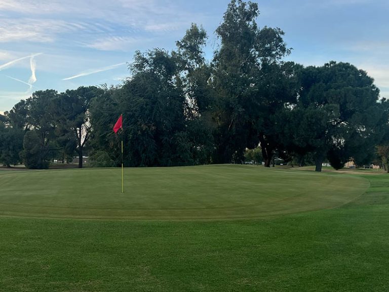 Red flag on a wide putting green at Lemoore Golf Course with mature trees and blue sky.